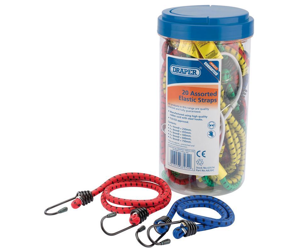 Draper 20 assorted elastic bungee straps in tube