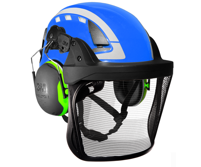 3M SecureFit X5003V Arborist helmet assembly, Peltor X4 ears (32SNR) / V5 etched mesh visor (Blue)