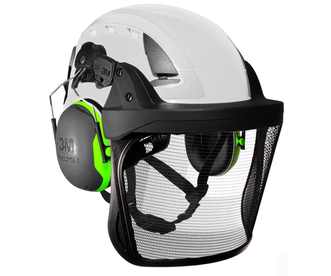 3M SecureFit X5001V Arborist helmet assembly, Peltor X4 ears (32SNR) / V5 etched mesh visor (White)