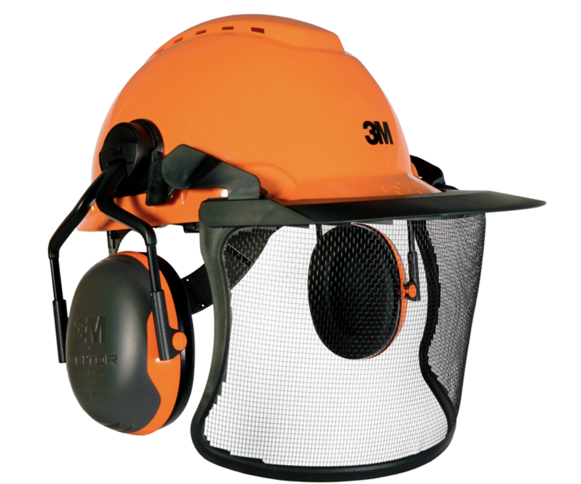 3M H700C Vented ground helmet assembly, Peltor X1-P5 ears (26SNR) / V4 carrier with mesh visor (Orange)