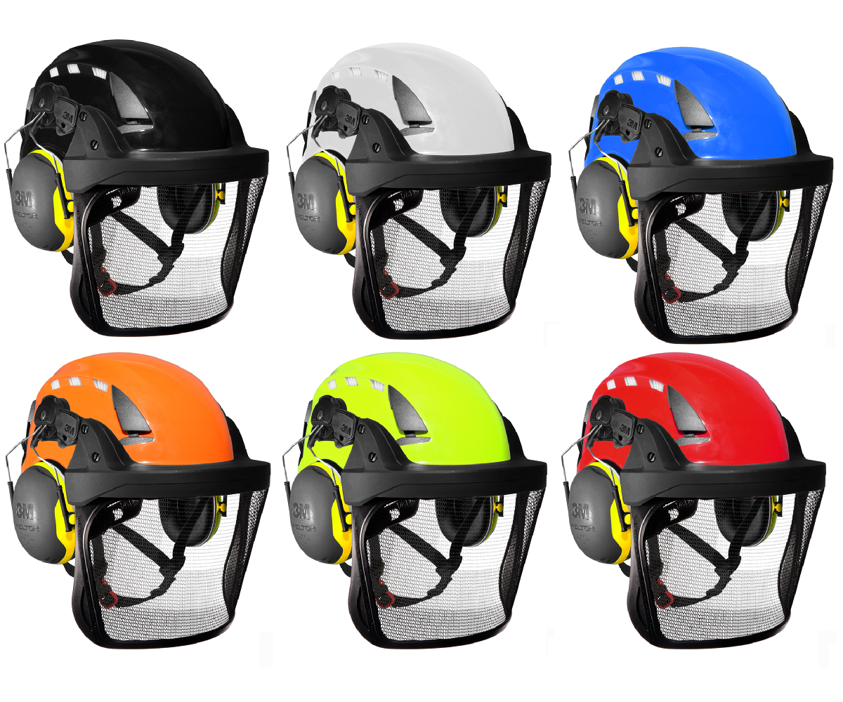 3M SecureFit X5000VE Arborist helmet assembly, Peltor X2 ears (30SNR) / V5 stainless steel mesh visor