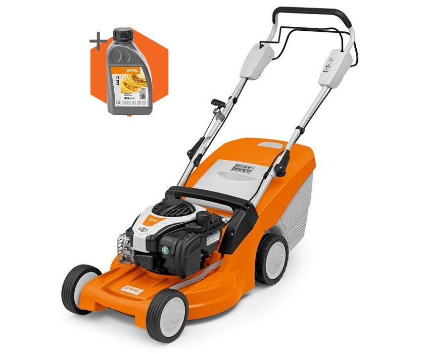 Stihl RM 448 T petrol self-propelled four wheeled lawn mower (46cm cut)