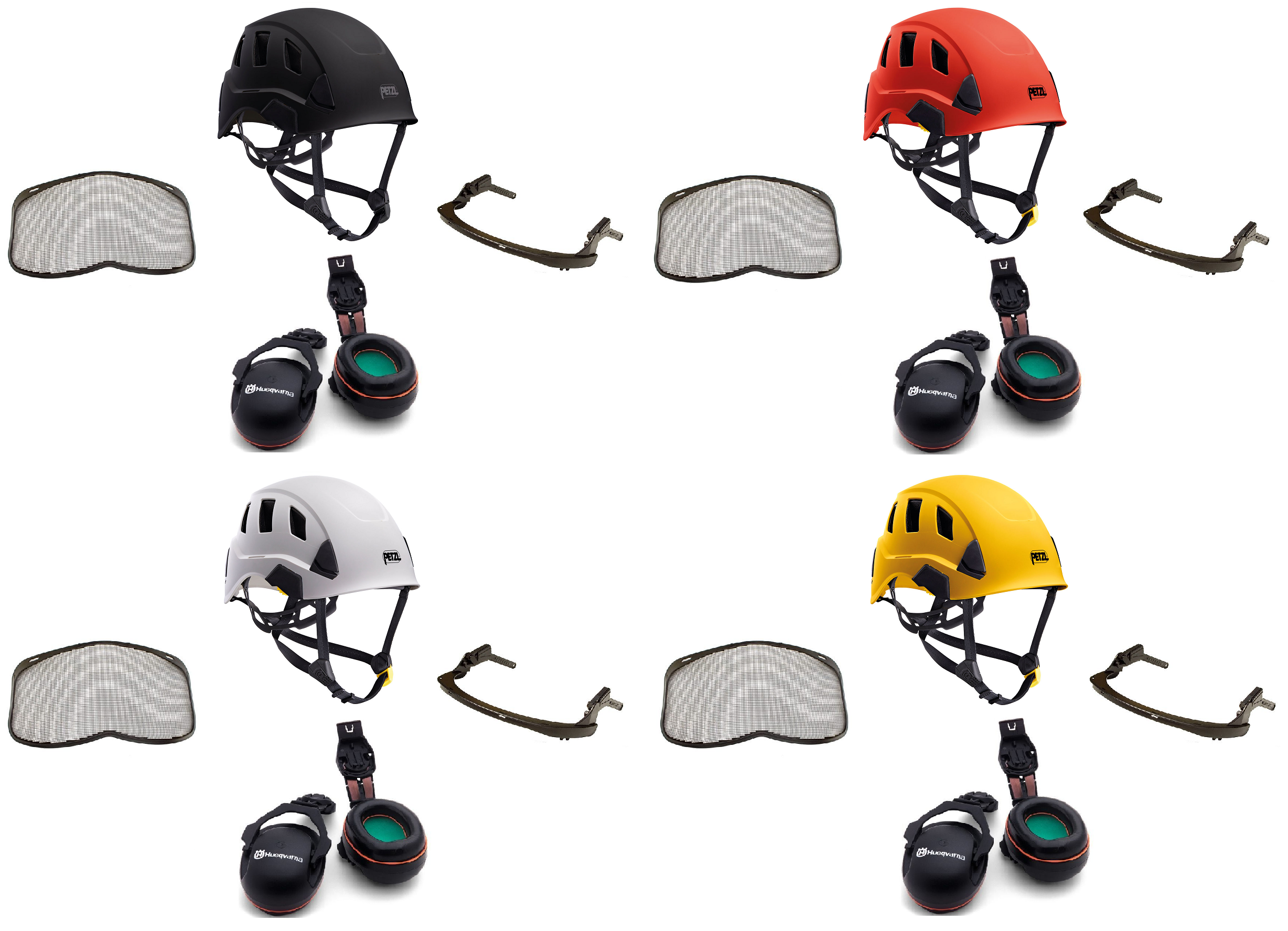 Petzl Strato Vent climbing helmet assembly, MSA Sordin ears (26SNR) / mesh visor